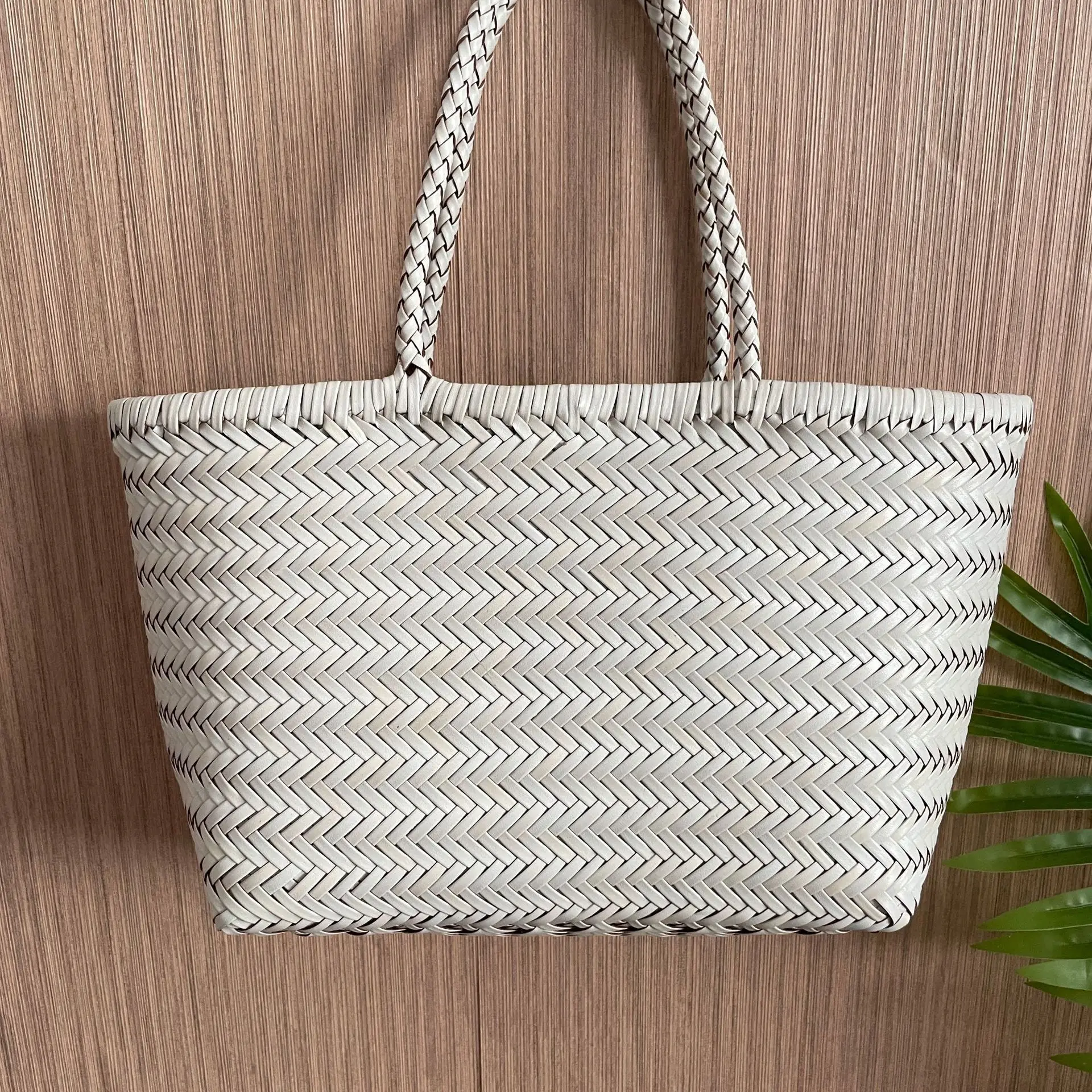 thumbnail image 1 of Bolso de mujer de gran capacidad, bolso de mano tejido de piel dividida, estilo retro francés, bolso de mano tejido para mujer, 1 of 5