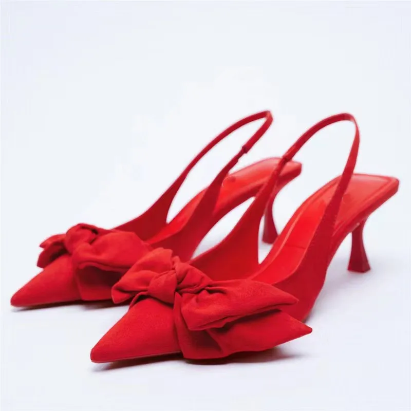 

New Arrival Handmade Classic Style Ladies High Heels Sandals Slingback Pointed-toe Bowtie Decoration Elegant Evening Prom Shoes