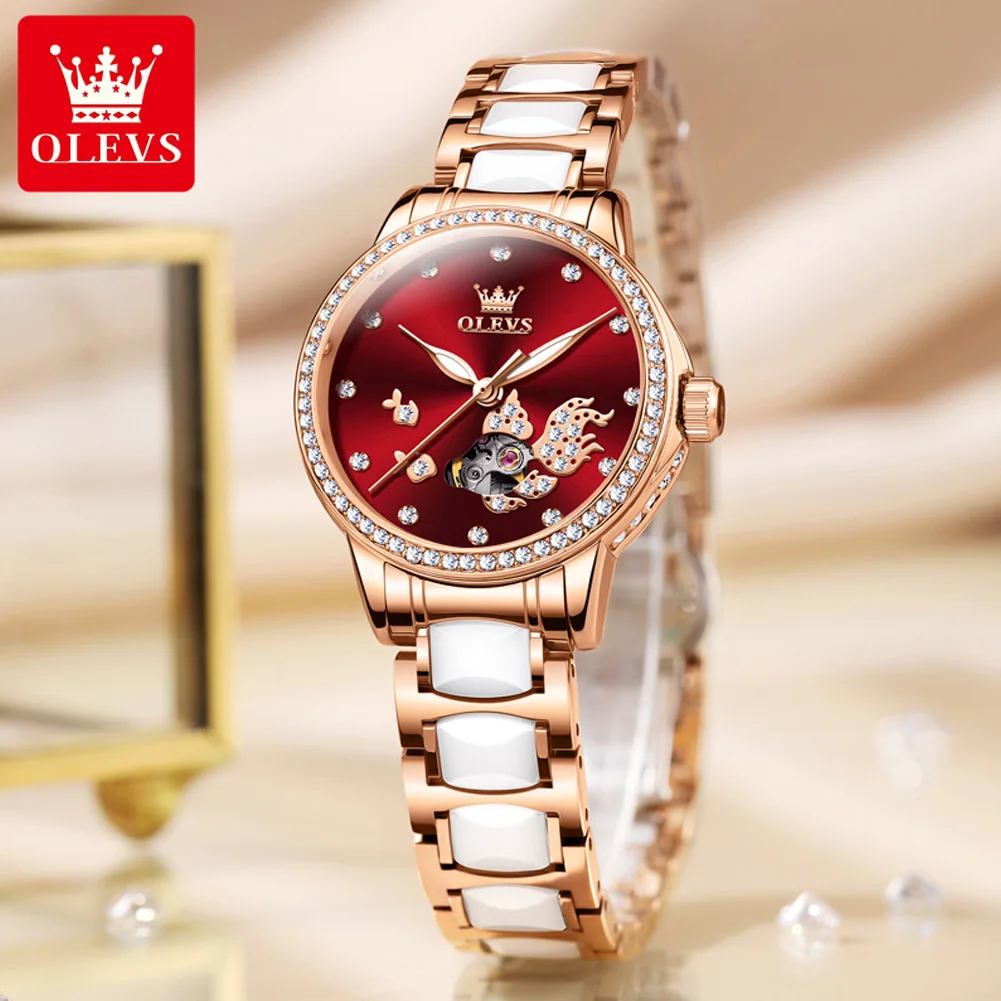 OLEVS Brand Luxury Automatic Mechanical Watch Women Fashion Ladies Watch Elegant Ceramics Wristwatch Casual Female Montre Femme