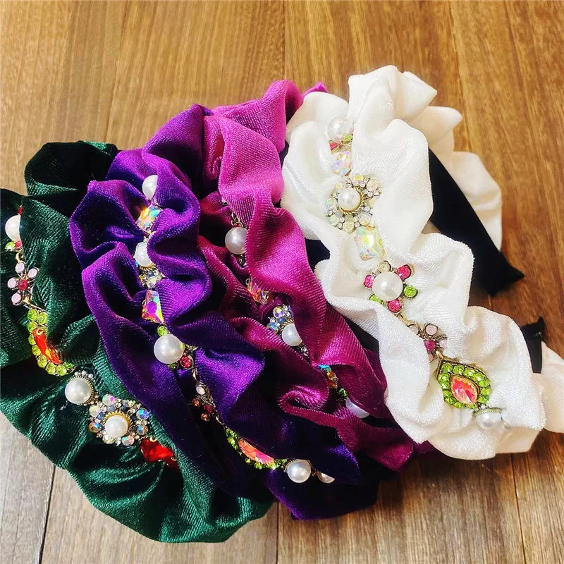 

4 Colors Design Folded Handmade Retro Baroque Rhinestone Crystal Headbands For Women Green Knot Hairband High Quality Headwear