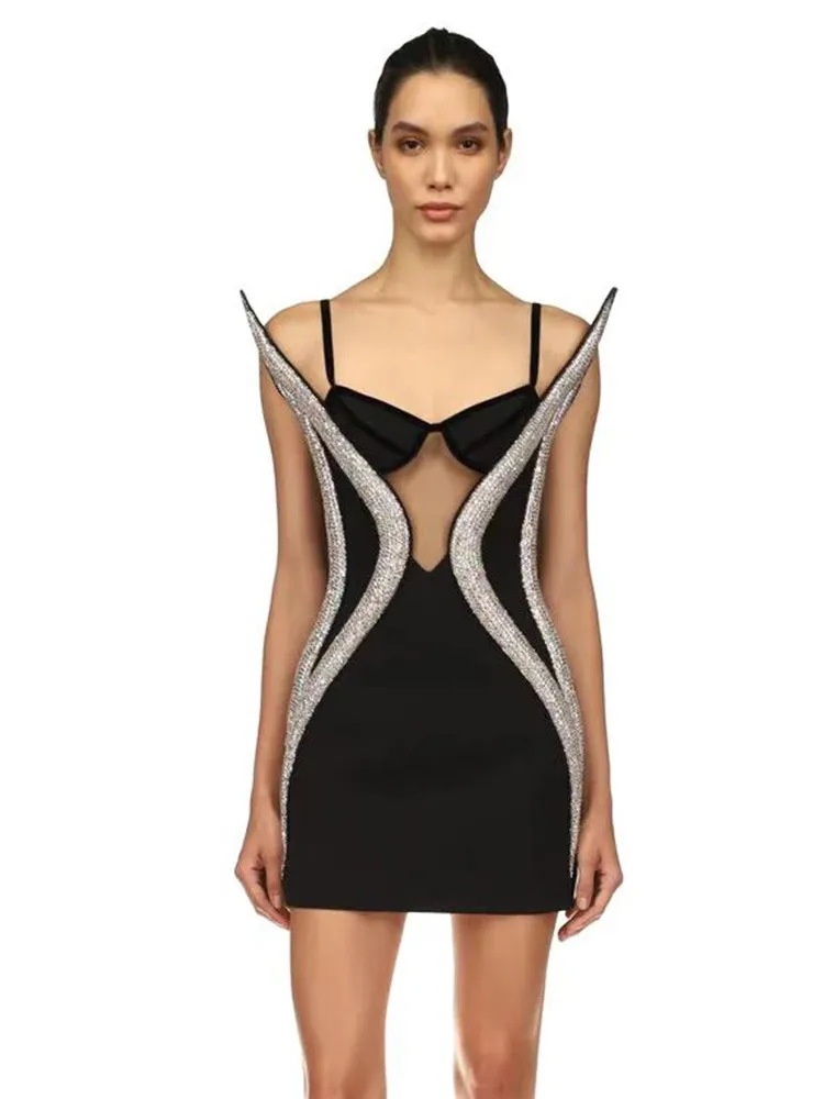 

2022 Designer Runway Fashion Women Black Spaghetti Strap 3D Diamonds Stripe Bodycon Mini Celebrity Evening Club Party Dress