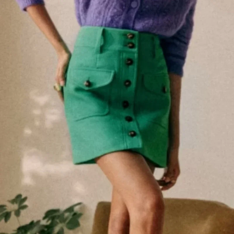 spring-and-summer-new-front-button-high-waist-skirt-ladies-solid-color-mini-skirt