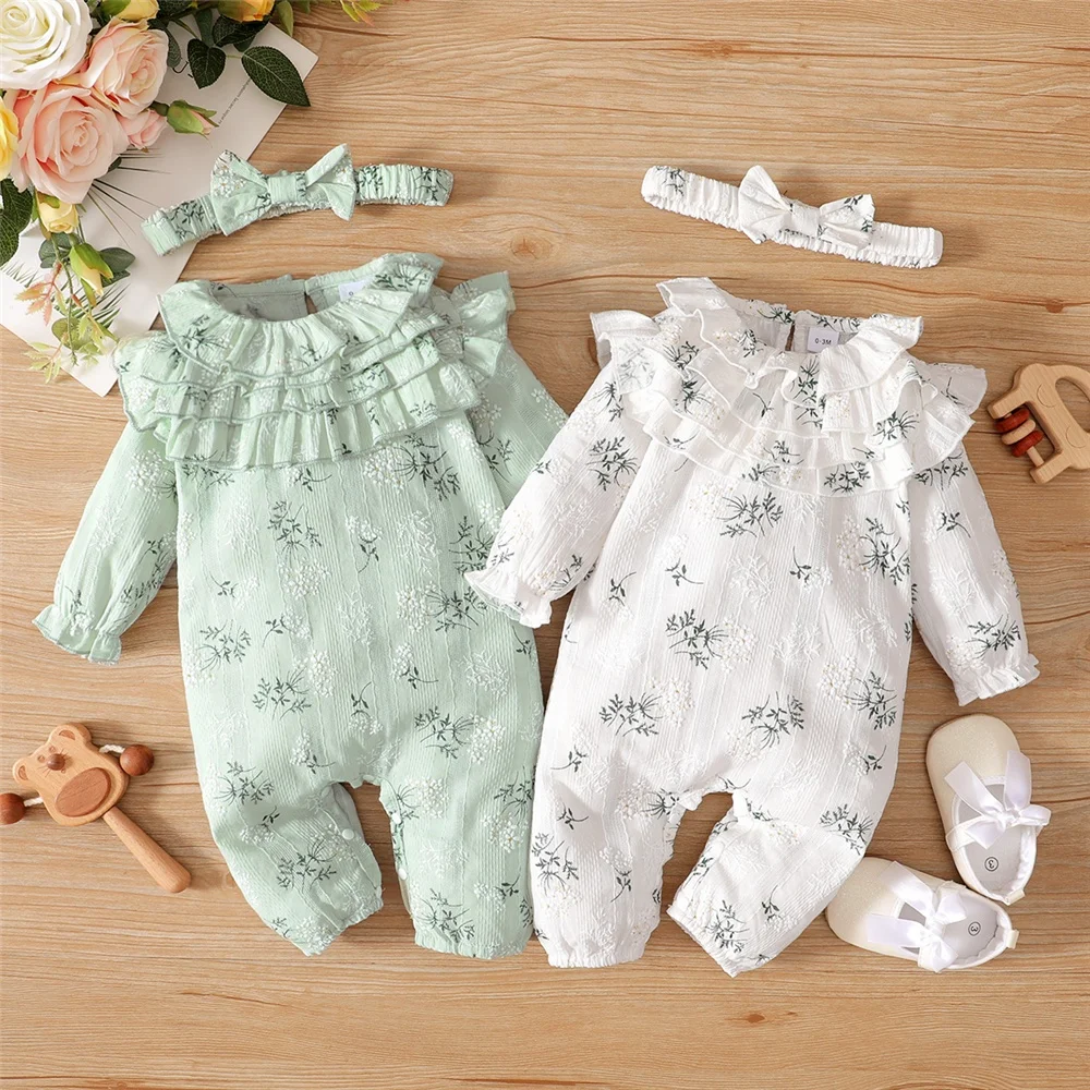 

0 to 12 Months Baby Girl Romper Newborn Baby Girl Bodysuit Flowers Lotus Leaf Long Sleeve Jumpsuit with Headband Baby Onesie