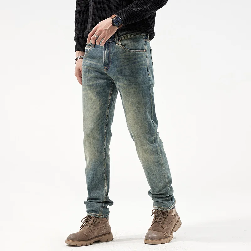 High quality long straight jeans for men big size stone wash cotton denim stretch fabric vintage trousers 2024 clothing - blue