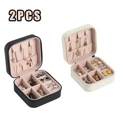 Compact Leather Travel Jewelry Organizer Box - Mini Storage Case for Earrings, Necklaces, and Rings (Black White)