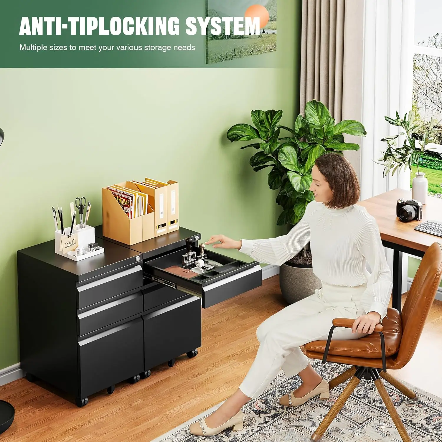 3 Drawer Mobile File Cabinet with Lock,Under Desk Metal Filing Cabinets for Home Office Organizer Letters