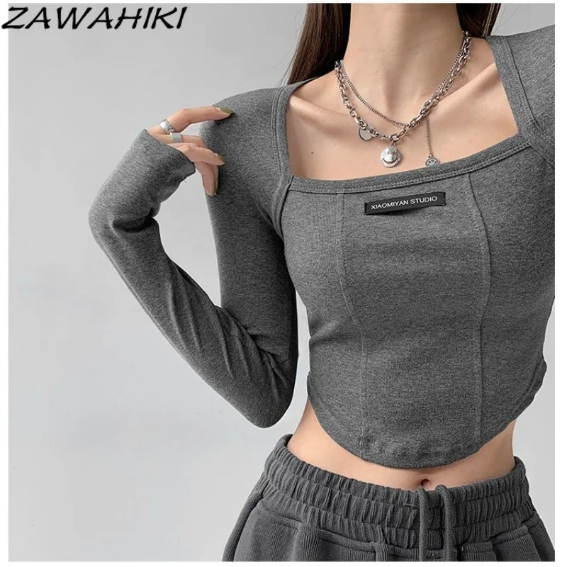 

American Chic Designed Slim Solid Color Square Collar Long Sleeve T Shirt Women Fashion Minimalist All Match Casual Y2K Tops