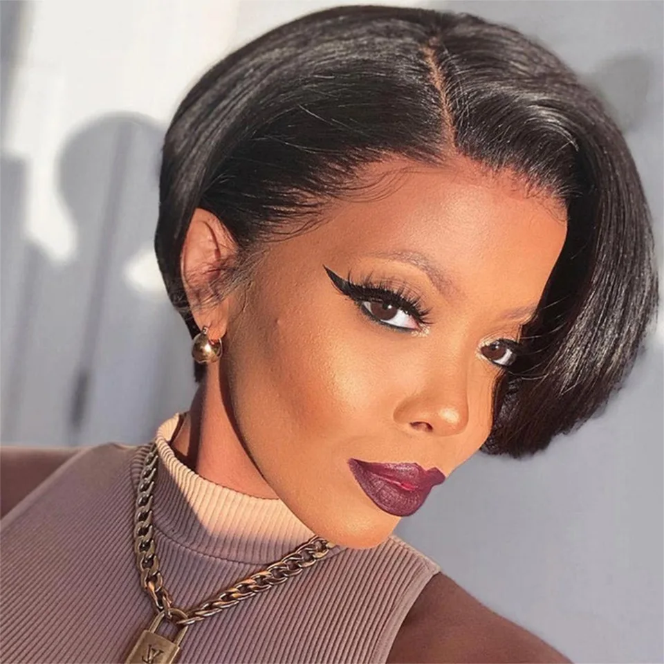 

T Part Straight Transparent Lace Front Human Hair Wigs Short Pixie Cut Bob Wig For Black Women Pre Plucked Peruvian Remy Hair