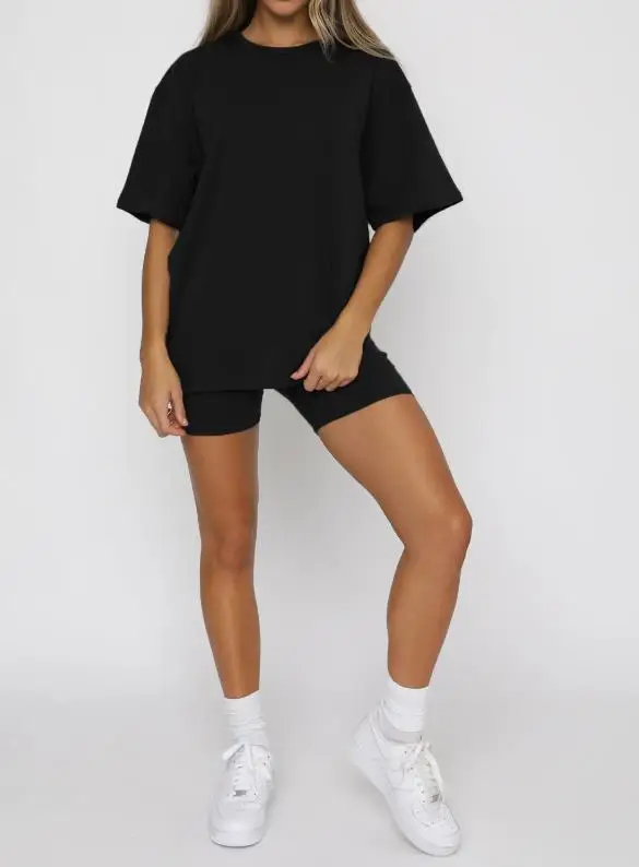 

Womens 2023 Summer Two Piece Sets New Fashion Solid Color Short Sleeved Round Neck Top Pullover and Casual Shorts Set
