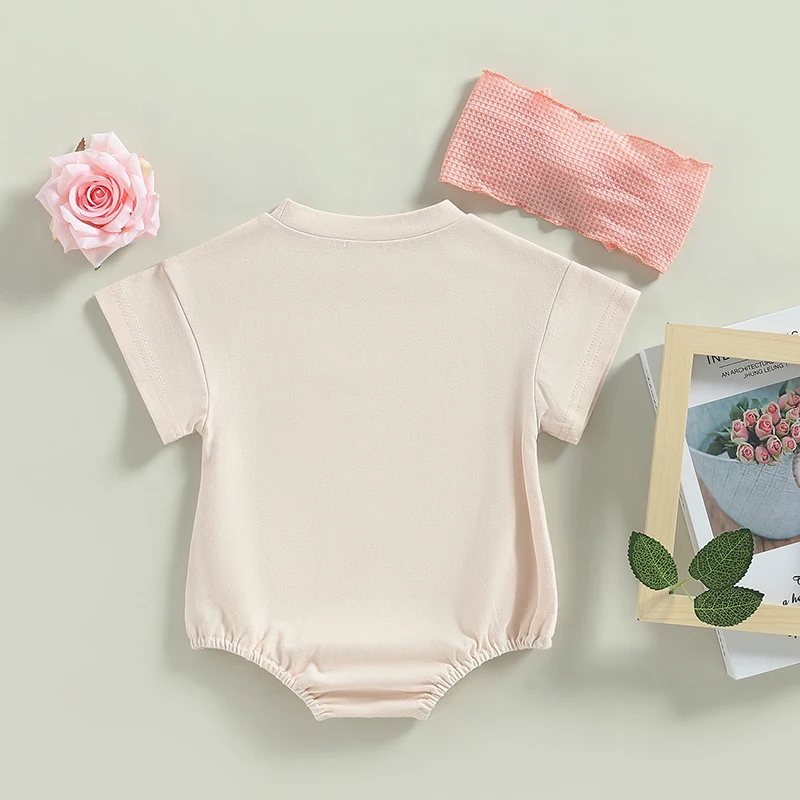 2023-02-28 Lioraitiin 0-18M Infant Baby Girl 2Pcs Bodysuit Short Sleeve Letters  Flower Print Jumpsuit Bowknot Headband 3