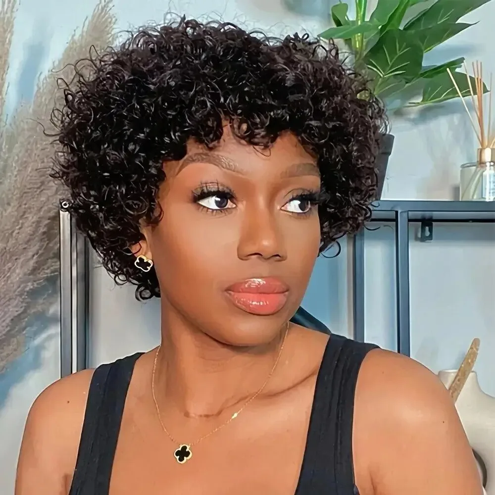 Parrucca Bob Ricci Corti Effetto Pixie Morbido, Realizzata a Macchina, Capelli Umani con Frangia, Stile Voluminoso, 100% Capelli Veri, Senza Colla, Senza Pizzo, Per Uso Quotidiano - immagine 5