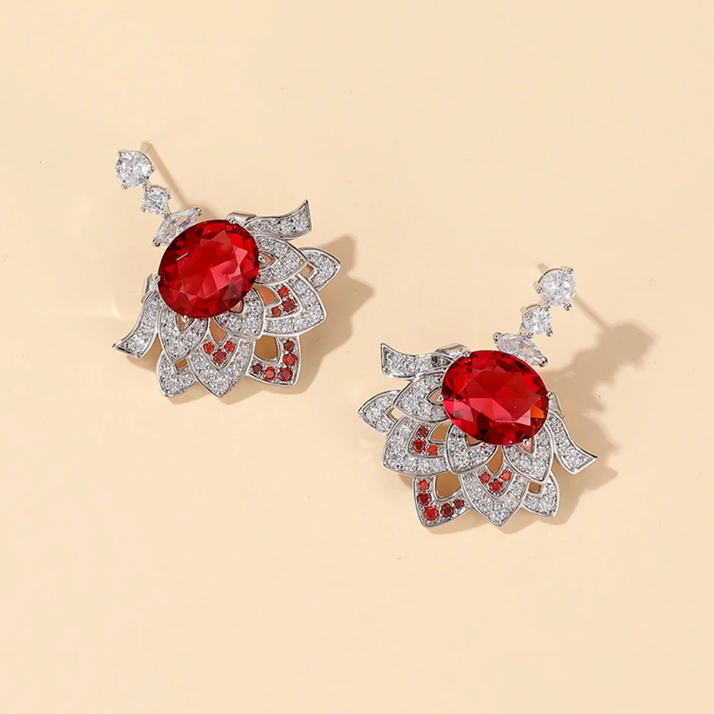 

Fashion Temperament Red Flower Earrings Women's AAAA Zircon Shiny Party Wedding Accessories Anti Allergy Gorgeous Fine Ball 2022