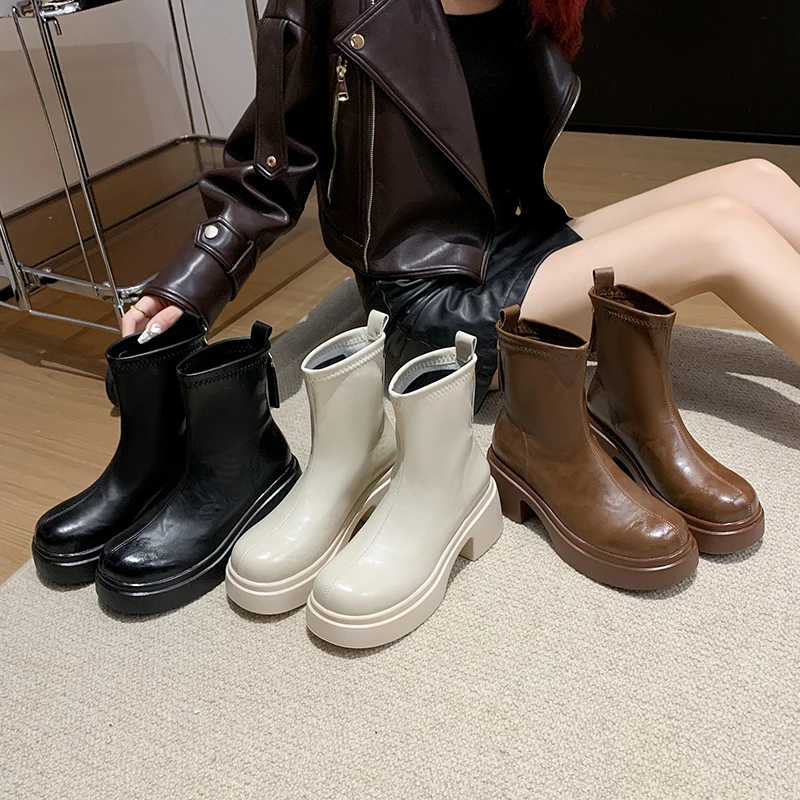 Aphixta New Patent Leather Women Ankle Boots Back Zip Concise Modern Boots 7cm Square Heel Shoe Woman Boats botines para mujeres