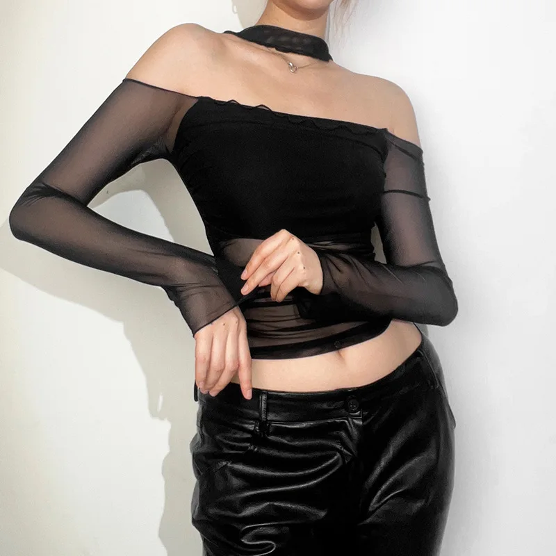 Y2K Aesthetic Sexy Elegant Streetwear Mesh Transparent 2023 New Summer T  Shirts Women Long Sleeve Slim Casual Female Tees - AliExpress