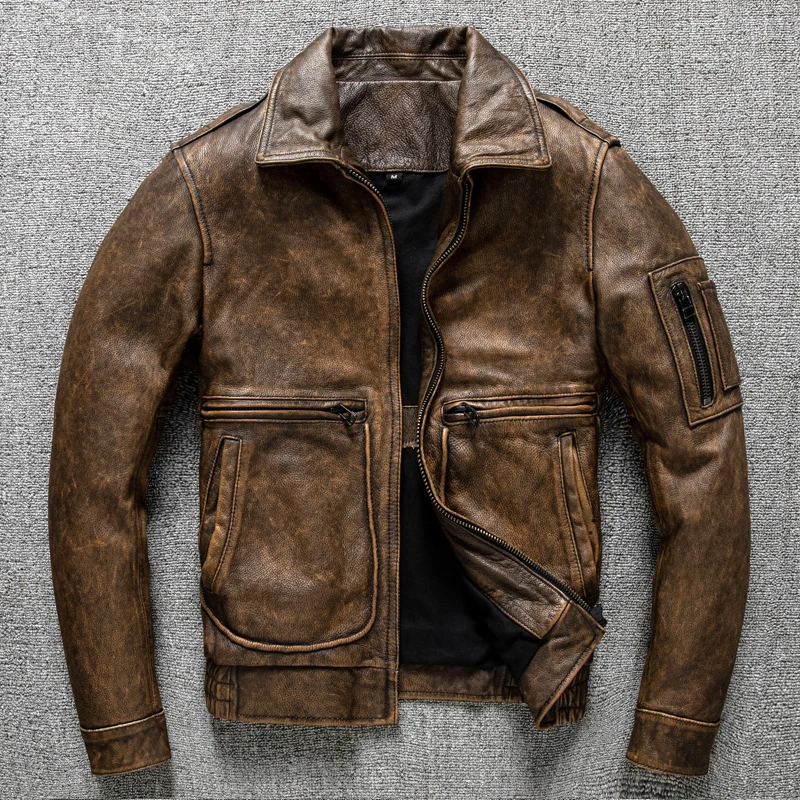 

Leather Coat Men's Short New Top Layer Pure Cowhide Vintage Distressed Motorcycle Clothing Leather Jacket Autumn Slim-Fit Coat