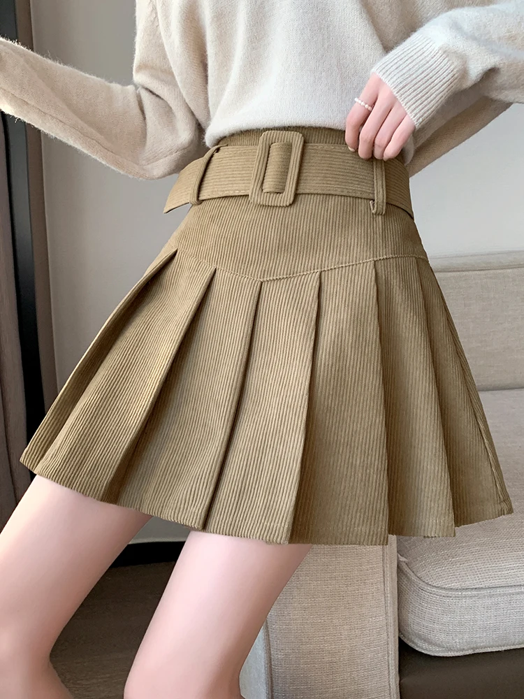 QOERLIN with Belt Pleated Skirts Short Women High Waist Mini Skirt with Shorts Y2K Streetwear Korean Fashion Black Skirts 2023