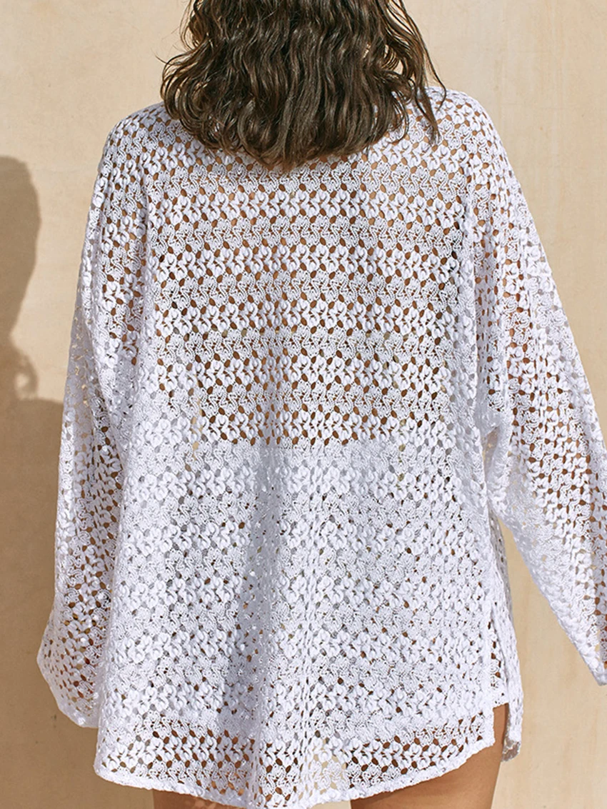 Marthaqiqi Fashion Hollow Out Femme Pajamas Set Sexy V-Neck Sleepwear Long Sleeve Nightgowns Shorts Casual Ladies Nightwear Suit