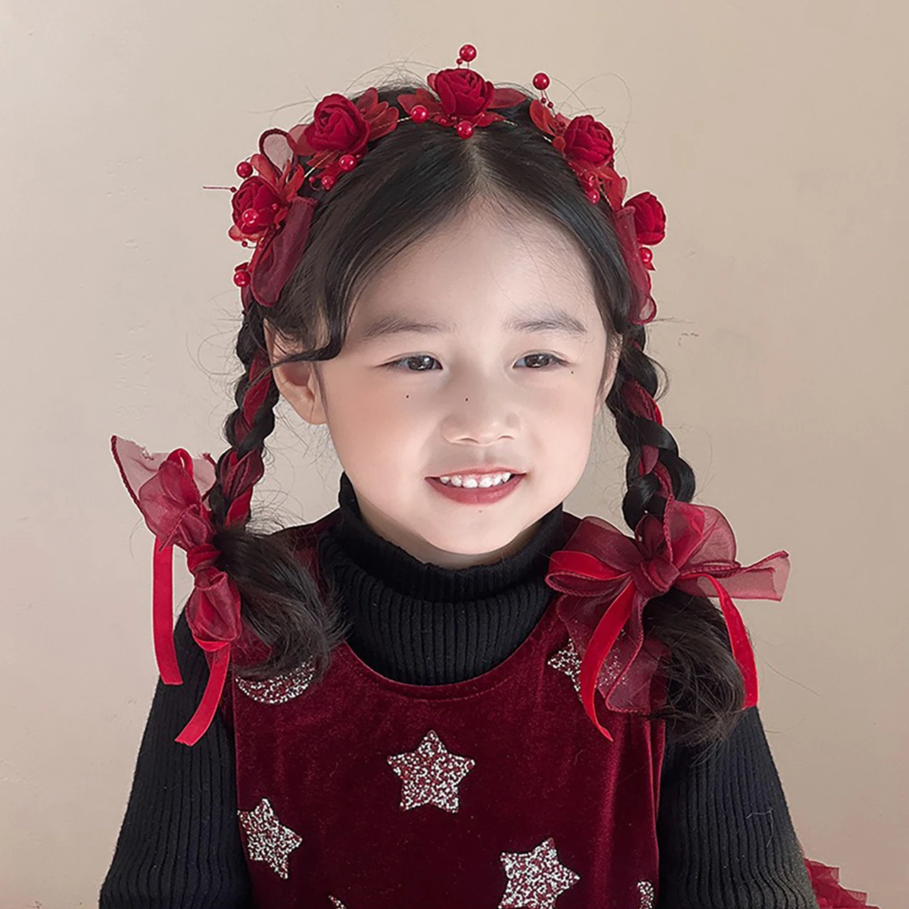 여아 빨간색 새해 왕관  머리띠 꽃 머리띠 여자아이 나비 땋은 리본 머리띠 어린이 미끄럼 방지 헤어밴드