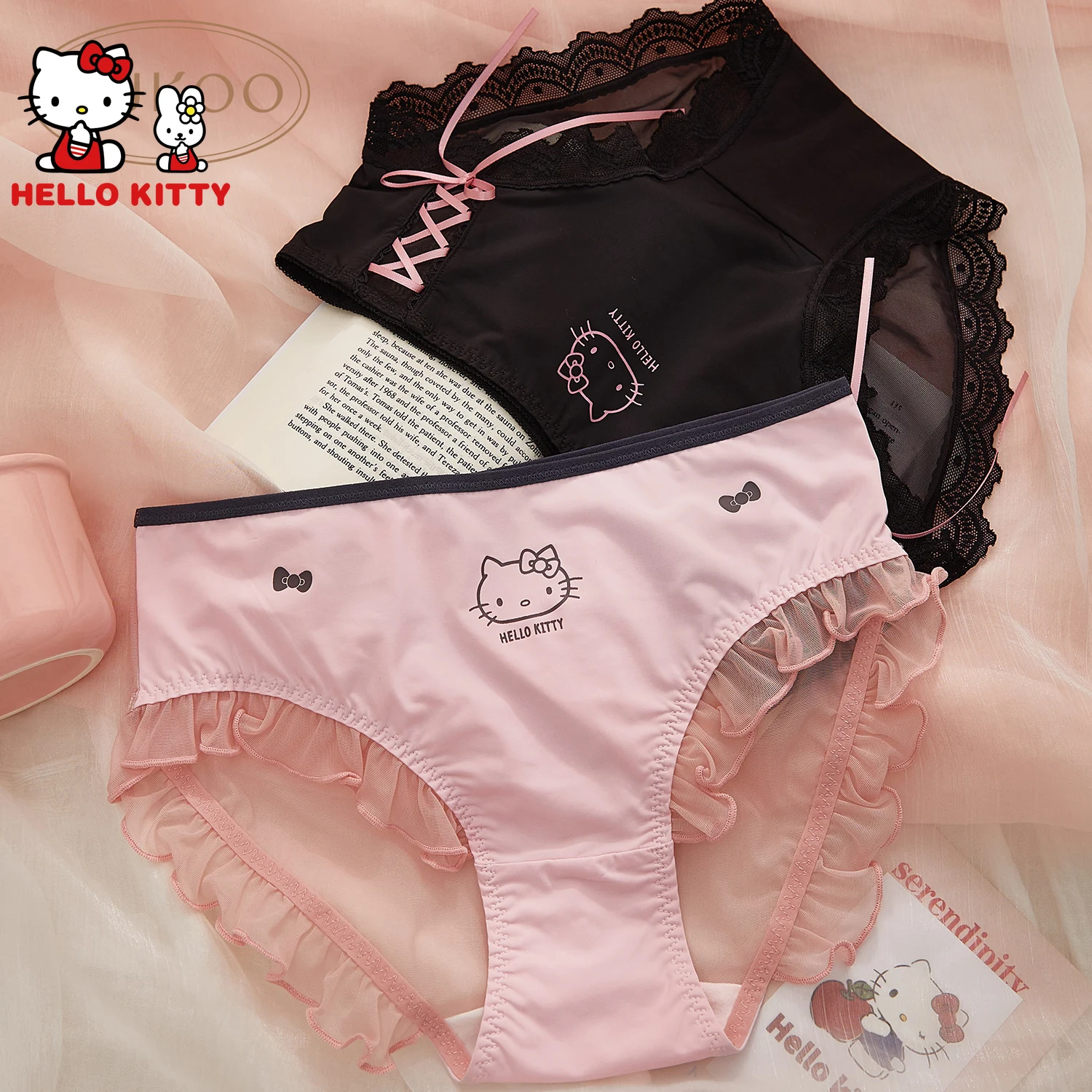 

Высококачественное эластичное хлопковое антибактериальное нижнее белье HelloKitty из 2 предметов женское нижнее белье трусы с кружевным ремешком милые трусики