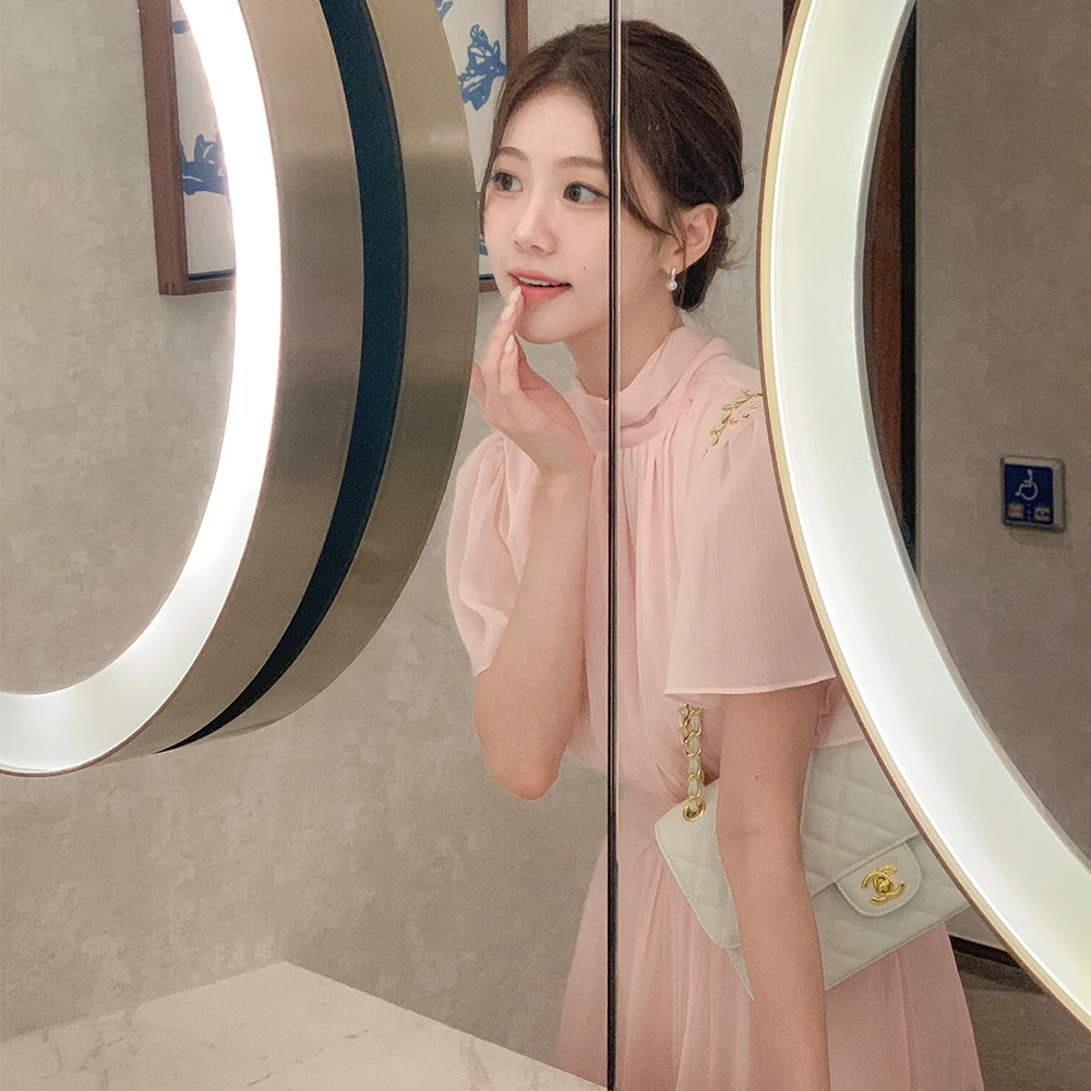 Elegant Solid Midi Dresses for Women Ruffles Half-high Collar A-line Office Lady Casual Korean Fashion Autumn Vestidos Mujer New