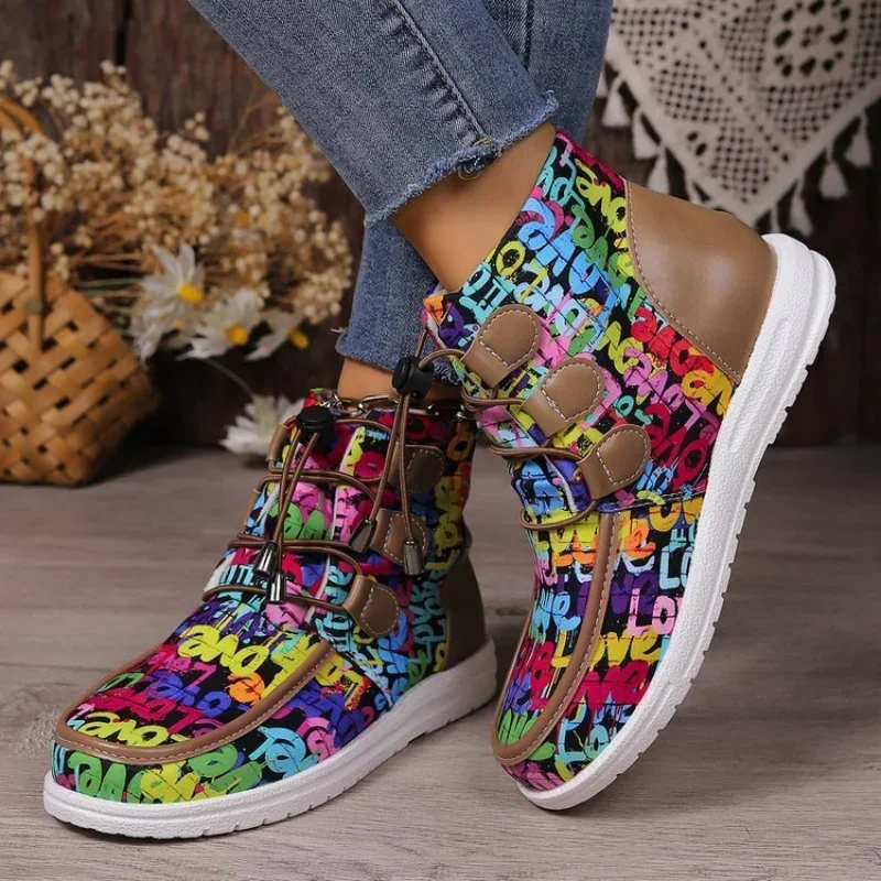 

Print Platform Ankle Boots Women Casual Lace Up Chelsea Boots 2023 New Winter Fashion New Round Toed Shoes Zapatos De Mujer