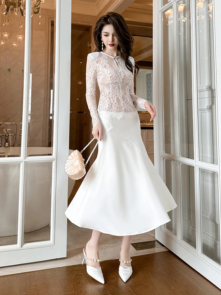 

Spring Autumn Club Sexy 2 Pieces Outfits Elegant Women Lace See Through Hollow Tops Blouse High Waist Midi Skirt Mujer Slim Sets