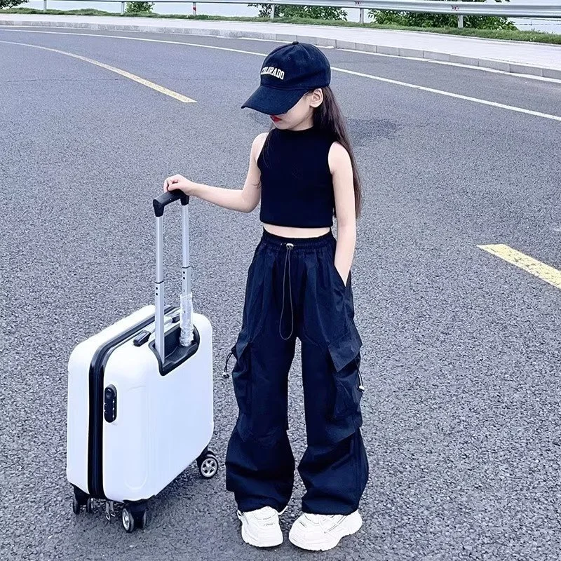

Teen Girls Joggers Pants Loose Casual Fashion Children Straight Trousers Pockets Design Trendy Cool Streetwear Kids Pants 5-14 Y