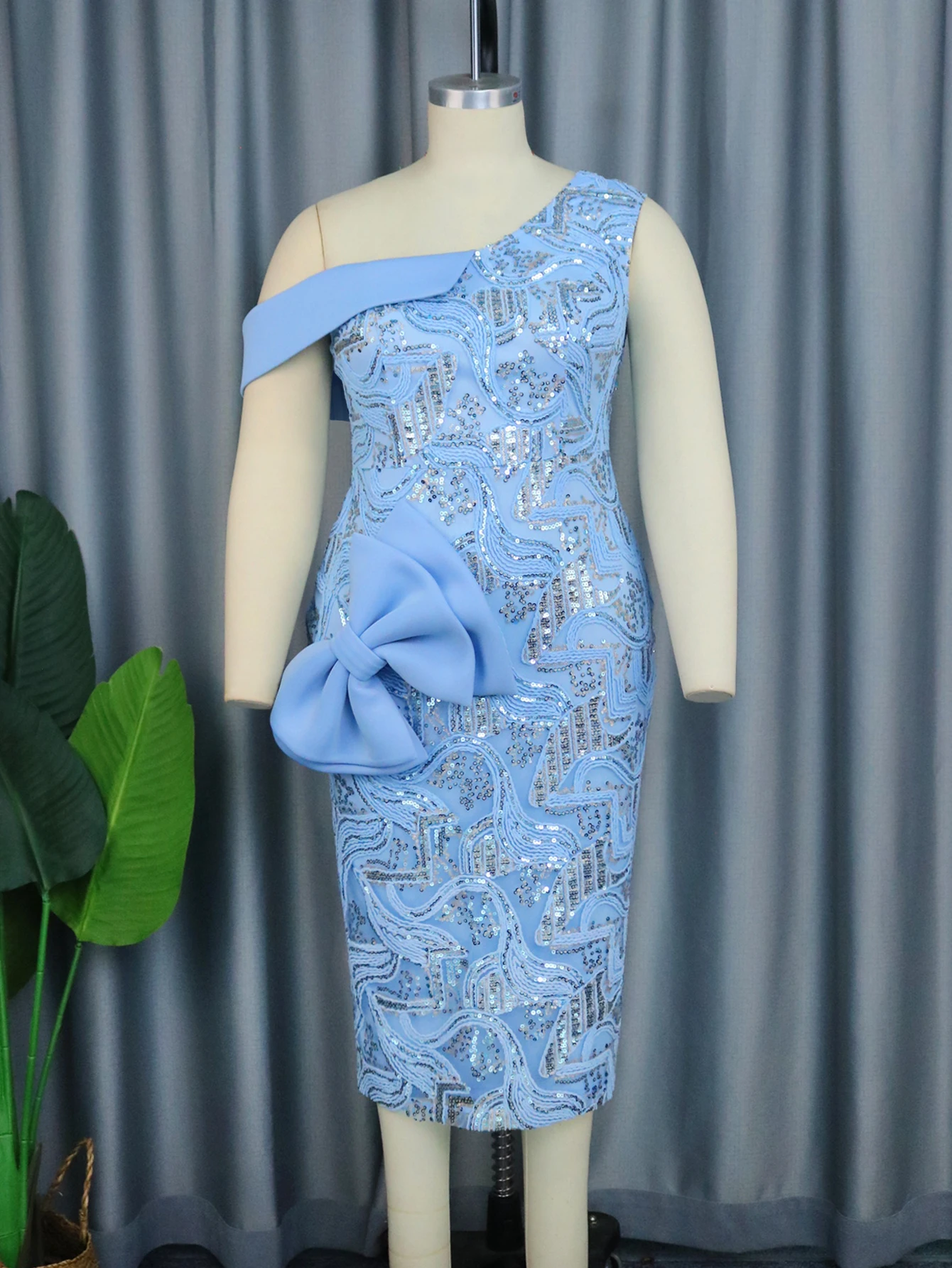 ONTINVA Luxury Party Dresses for Women Plus Size Blue One Shoulder Irregular Sleeveless Bodycon Sequins Evening Midi Gowns 4XL