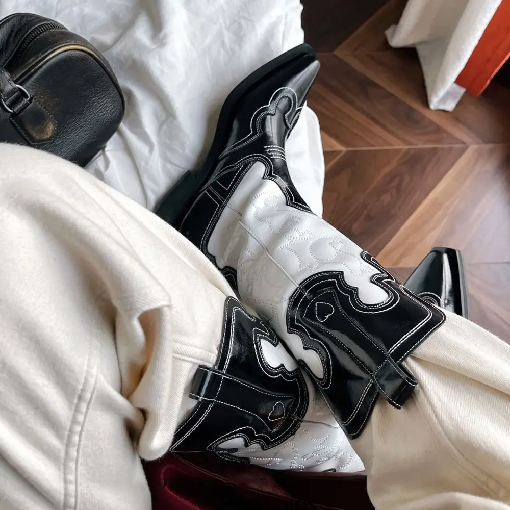 Retro Black White Cowboy Boots for Women Vintage Pointy Toe Embroidery  Block Heels Mic-calf Brown Cowgirls Western Boots Shoes - AliExpress, image size:1000x1000