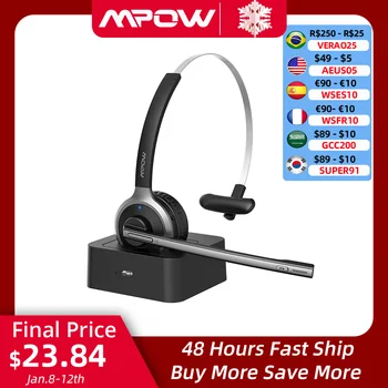Mpow M5 Pro 블루투스 5.0 헤드폰, 마이크 충전 베이스, PC 노트북 콜센터 사무실용 무선 헤드셋, 18 시간 통화 시간