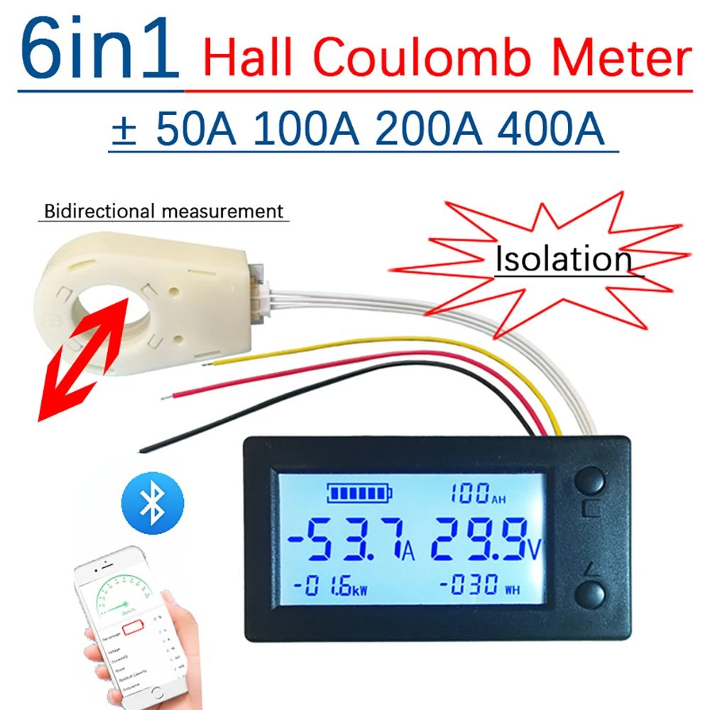 Bluetooth Hall Ammeter Voltmeter Coulomb Meter Battery Charge Discharger POWER Monitor 12V 24V 48V 60V Lead-acid Li-ion Lifepo4
