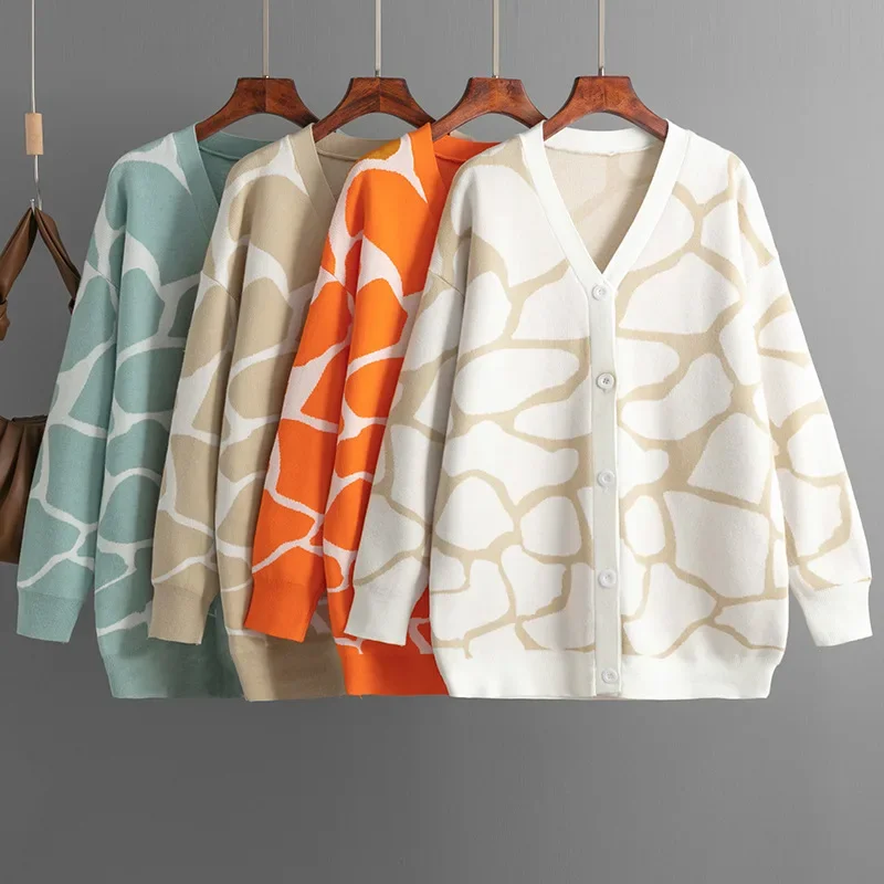 

New Women's Autumn/Winter Jacquard Knitwear V-neck Long Line Pattern Loose Coat