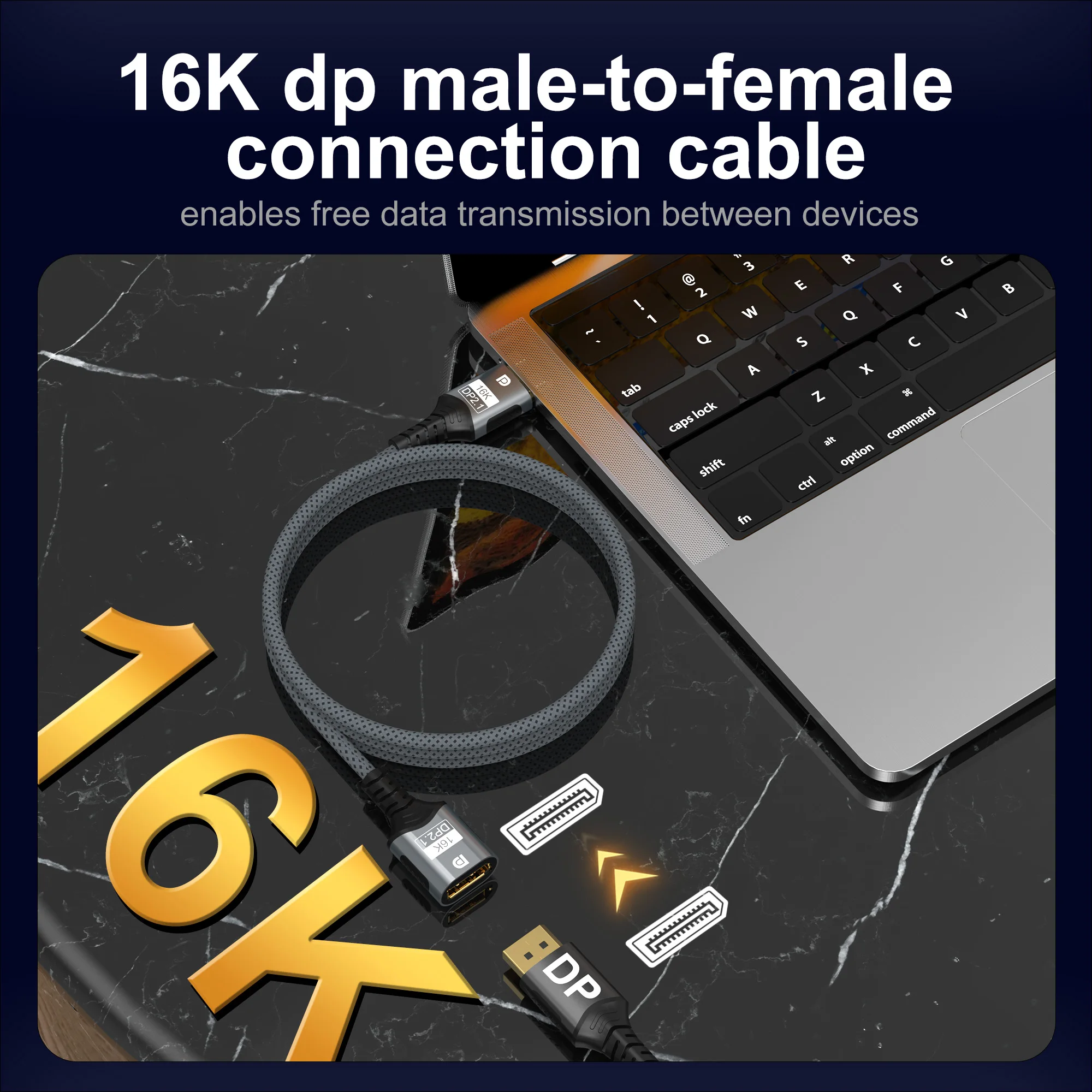 Premium DisplayPort Extension Cable - Male to Female, 16K DP 2.1, 54Gbps, Ultra HD Resolution