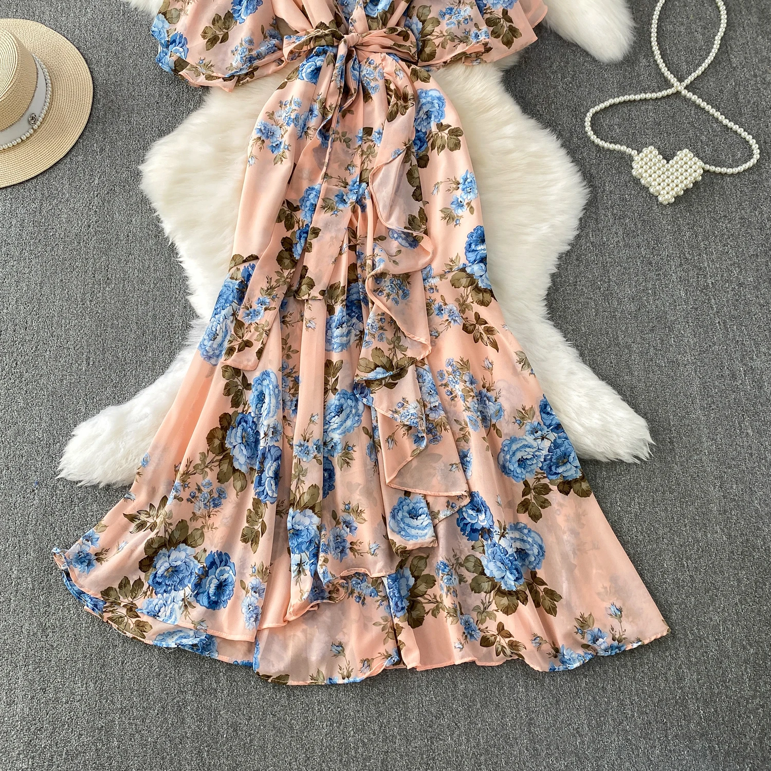 Summer Women Red/White/Yellow Floral Printed Irregular Ruffle Long Dress Vintage V-Neck Puff Sleeve Elegant Dress With Belt New