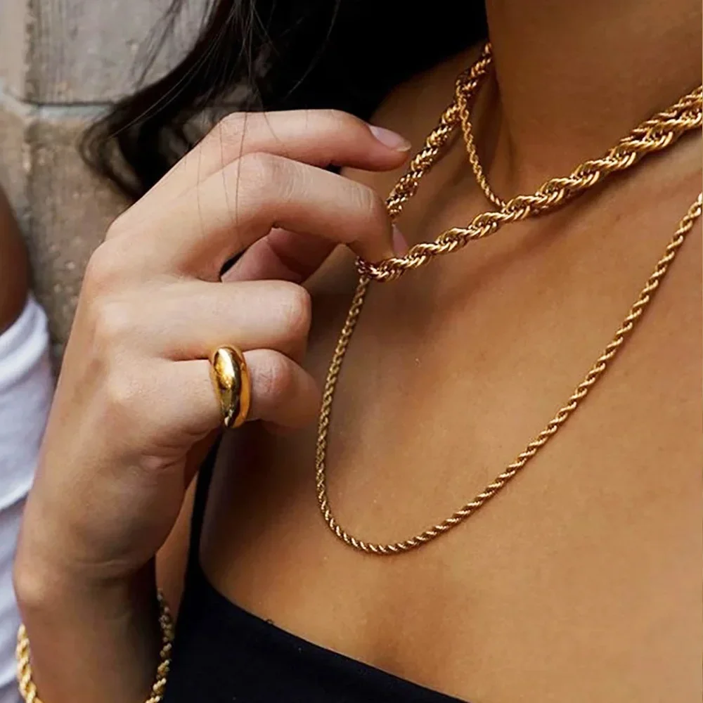 Rock Hip-hop Spiral Twist Thick Rope Chain Necklace for Women Men Stainless Steel Gold Color Minimalist Stackable Choker Jewelry