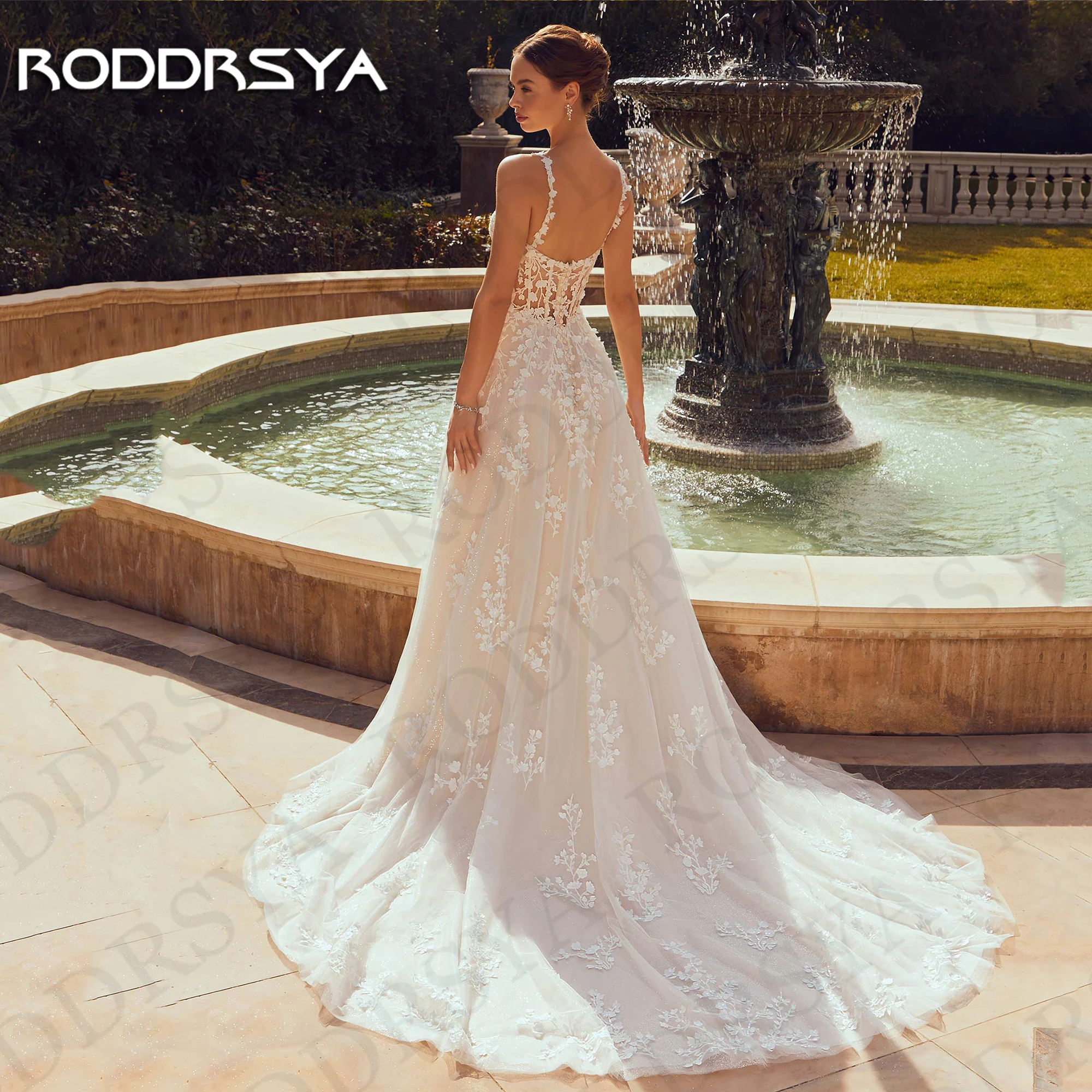 RODDRSYA A Line Appliques Wedding Dress Luxury Shiny Tulle V Neck Spaghetti Straps Bridal Gown vestidos de novia Customized