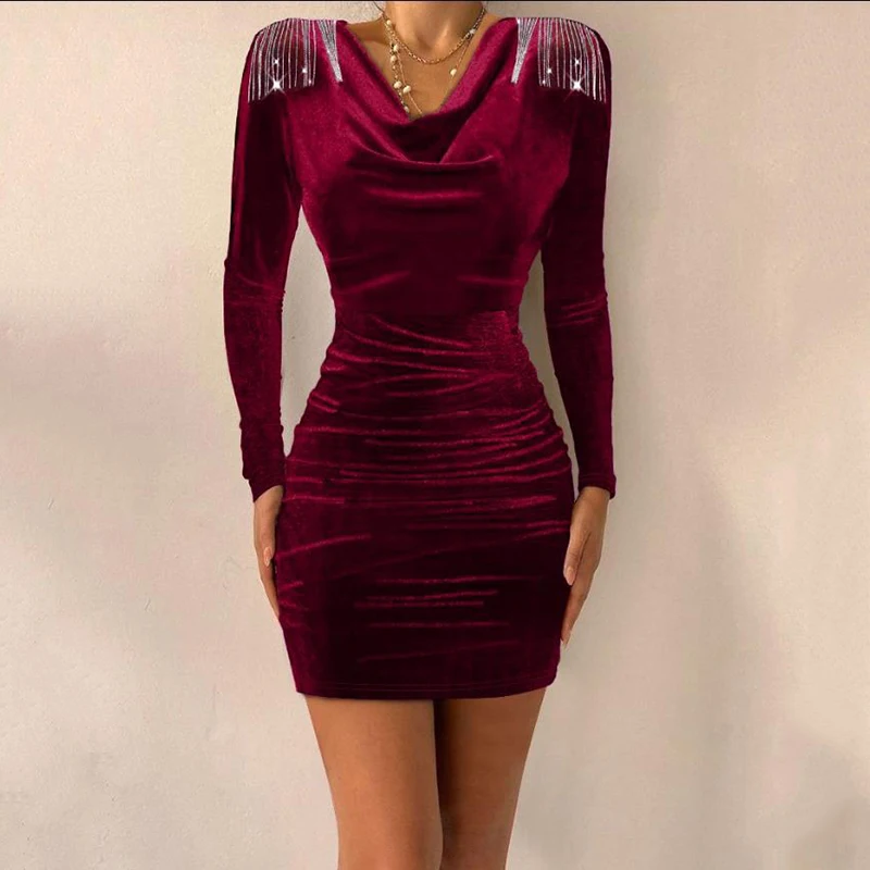 

Sexy Dress Spring Autumn New Long Sleeve Solid Draped High Waist Package Hip Fashion Elegant Casual Commute Female Slim Dress