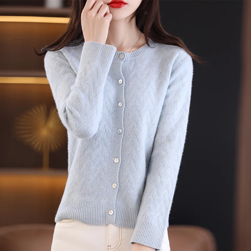 blue sweater Round Neck 100% Pure Wool Cardigan Jacket Women's 2022 Spring And Autumn New Loose Knitted Long-Sleeved Sweater black cardigan Sweaters