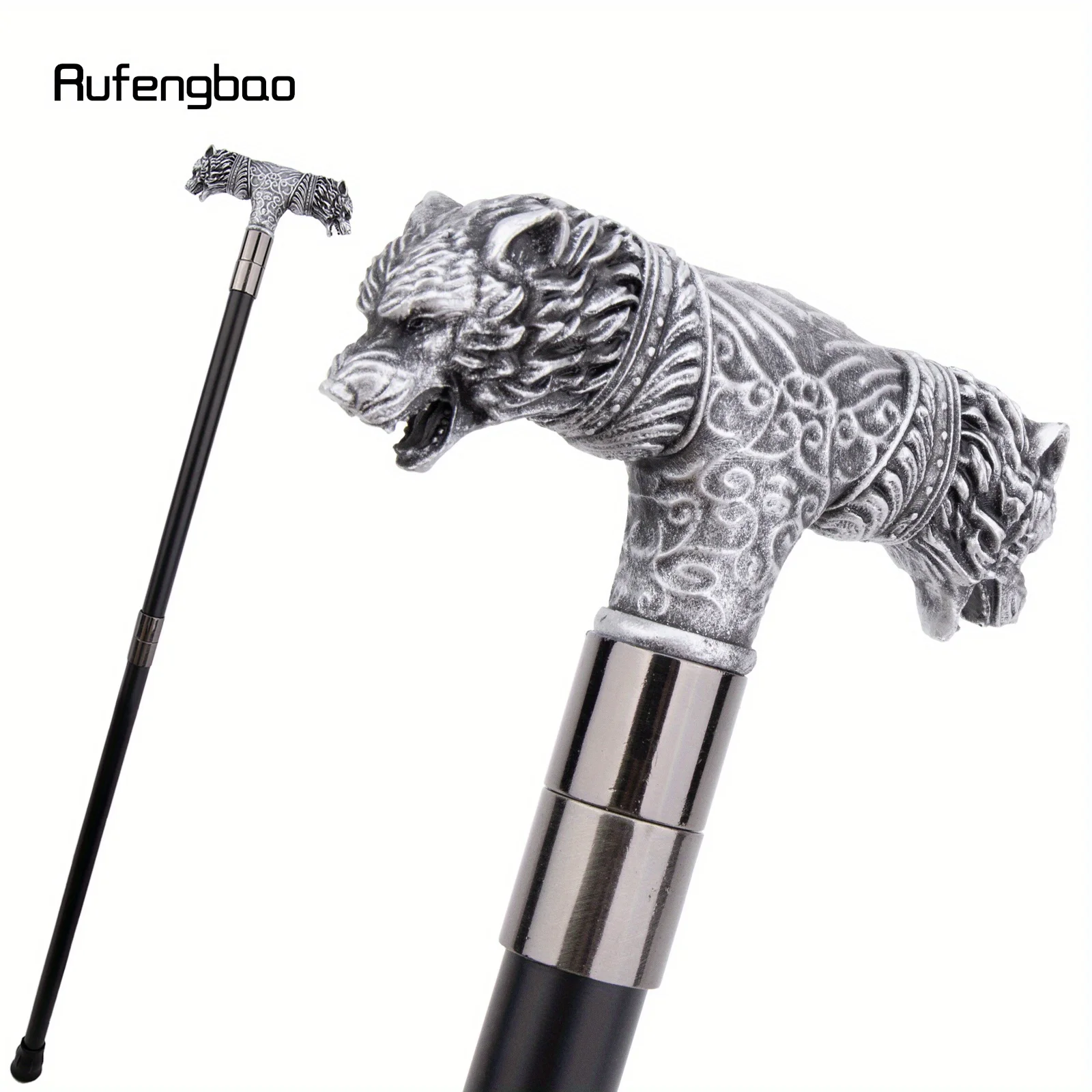 Silver Resin Wolf Double Head Walking Cane Fashion Steel Stick Elegant Cosplay Cane Knob Crosier Performance Stage Cane 92cm