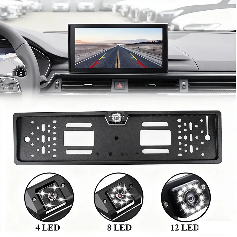 Pakring Car Rear View Camera EU European License Plate Frame Waterproof Night Vision Reverse Backup with 4 Or 8 12 LED Light
