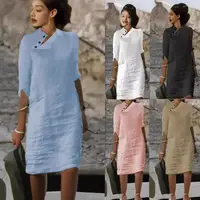Casual Cotton Linen Mid-Sve Dr with Stand Collar Loose Waist A-Line Skirt Five-Quarter Sve Length for Leisure Wear