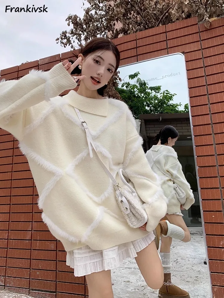 

Spliced Sweaters Women Winter Warm Fashion Cozy Panelled Argyle Chic Girlish Daily Youthful Prevalent Loose Slouchy Outer Ins