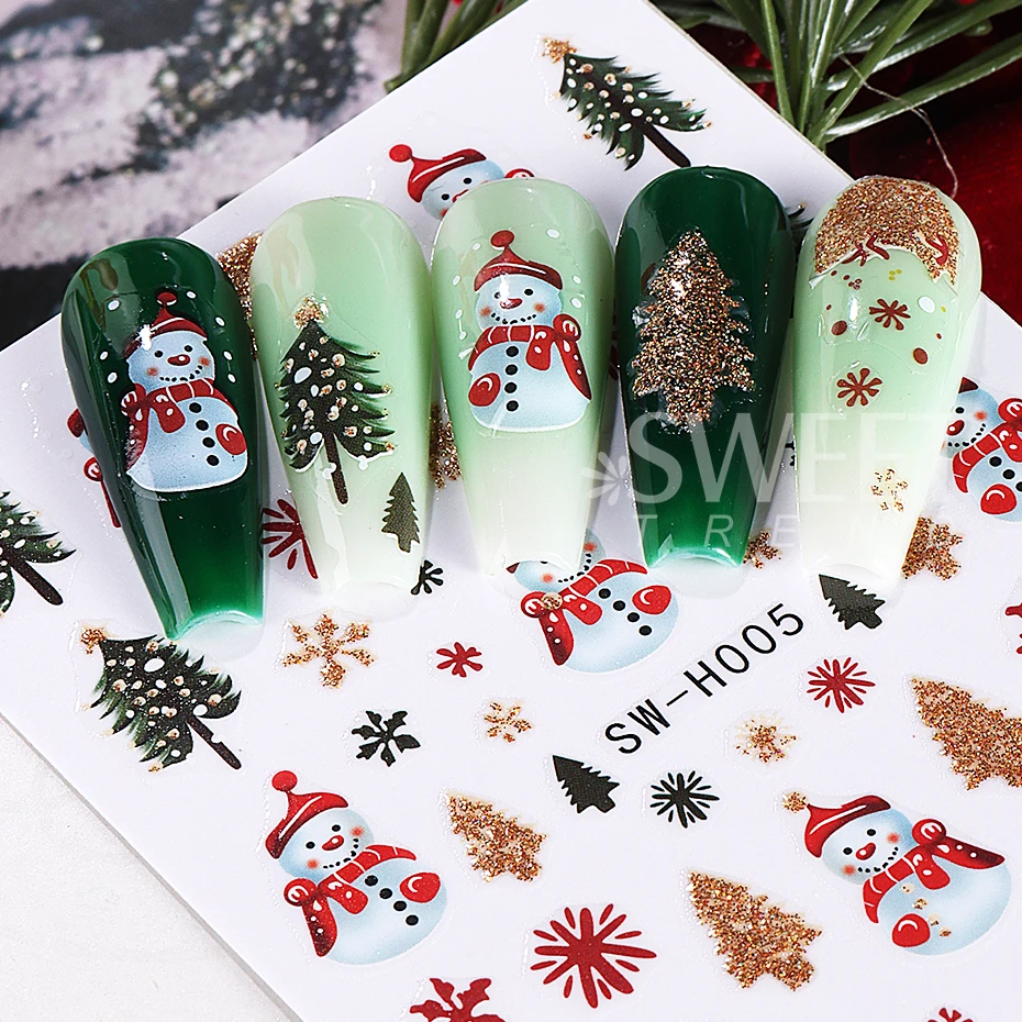 3pcs Cartoon Christmas Nail Stickers Glitter Gold Snowflake Reindeer Bell Snowman Bow Nail Slider Decals DIY Manicure Decoration