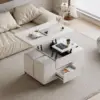homary White Lift Top Coffee Table with Hidden Storage, 3 in 1 Multi-Function Modern Folding Center Table with 4 Stools and Cast 1