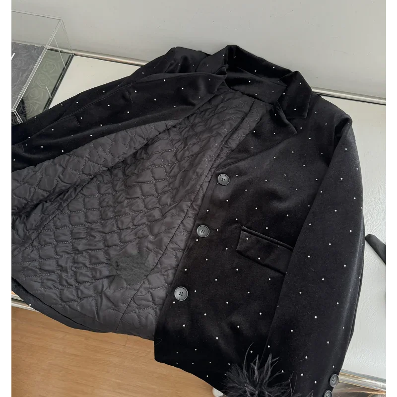 Flash Diamond Velvet Ostrich Feather Suit Jacket Women's Autumn  Winter Fashion Casual French High Street Quilted  Black Suits