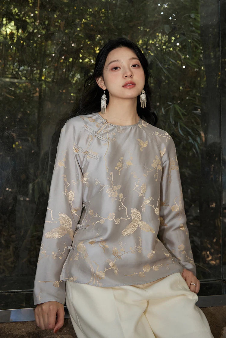 BirdTree 50% Mulberry Silk Shirt Coat Set for Women, Satin Jacquard Long Sleeve, Elegant Retro Top Sets, Spring S41093QM