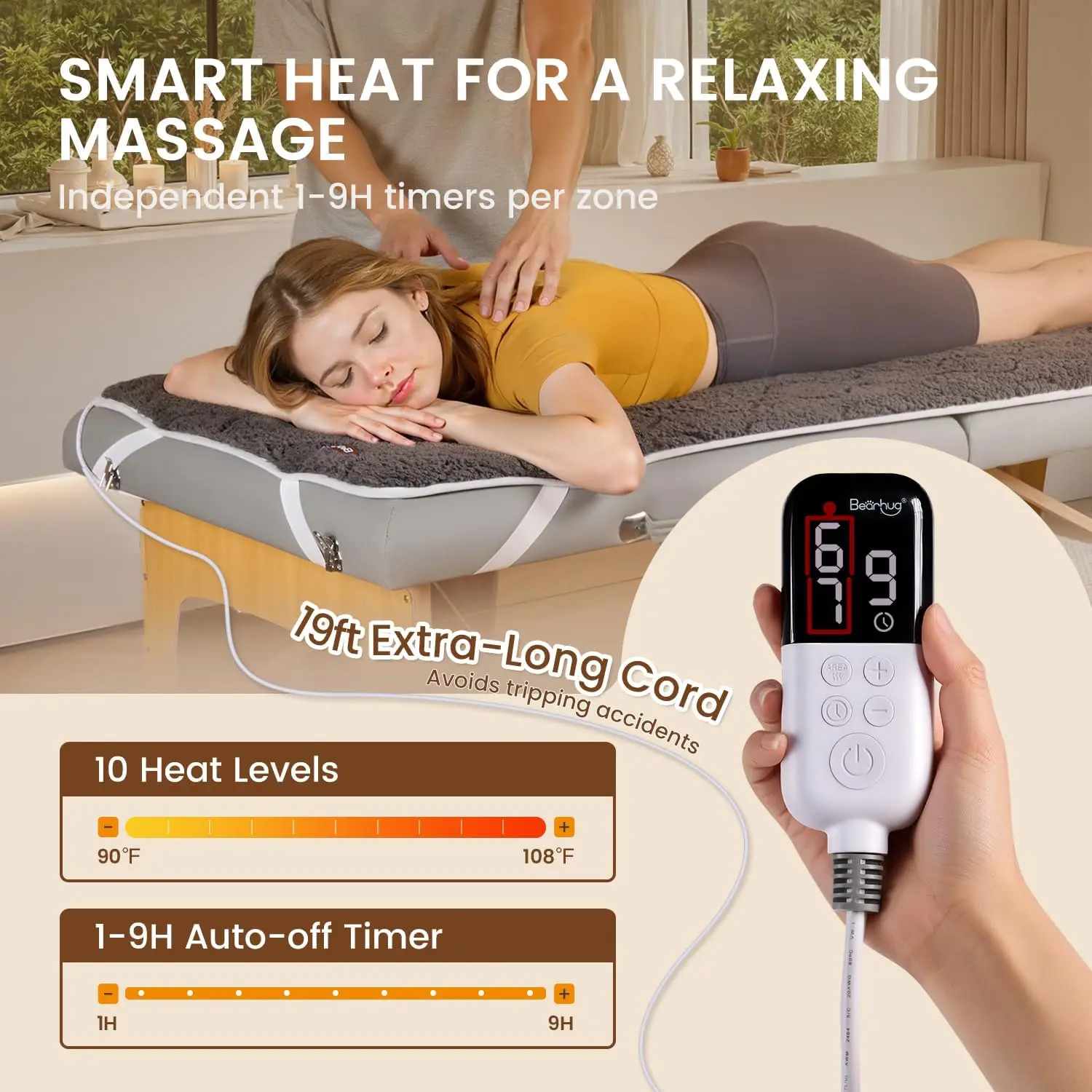 Massage Table Warmer Heating Pad 30” x 71”,Dark Grey Cotton Wool Dual-Zone Heating Pad with 1-9 Hours Timer & 10 Heating Levels