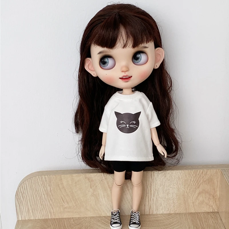 

New Arrival Blyth Doll Clothes Cute Cat White T-shirt and Black Shorts Suit for Blythe Barbie OB22 OB24 Azone Dolls Accessories