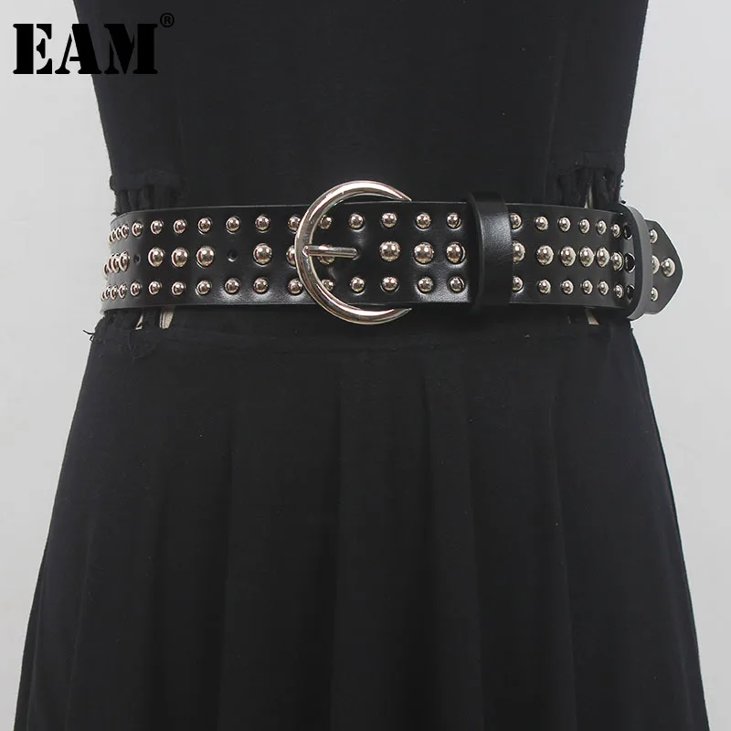 

[EAM] Pu Leather Black Rivet Long Wide Cool Belt Personality Women New Fashion Tide All-match Spring Autumn 2024 1DH3001