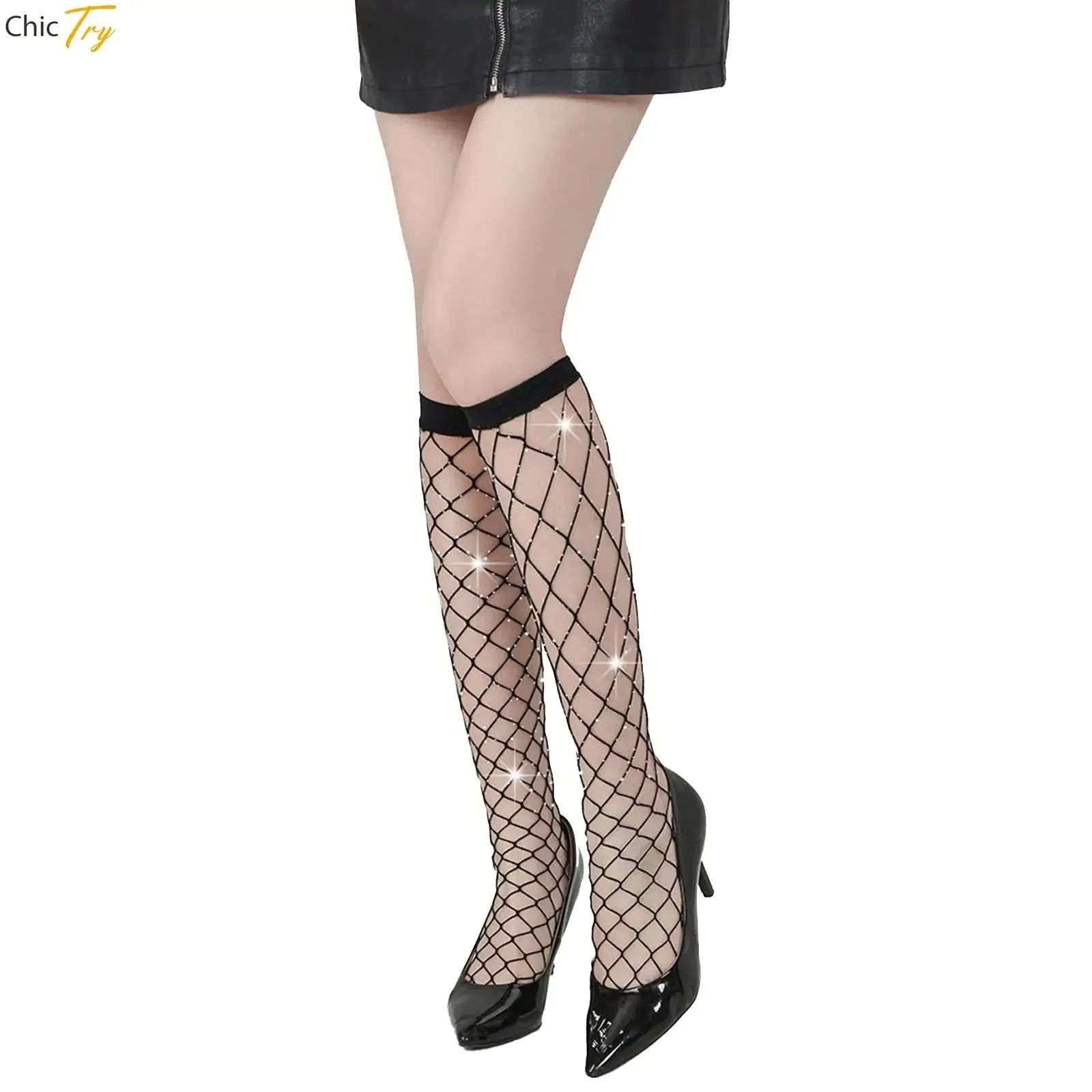 

1 Pair Women Knee Length Socks Hollow Out Rhombus Fish Net Mesh Socks Silk Socks Shiny Rhinestone Socks JK Uniform Lolita Socks